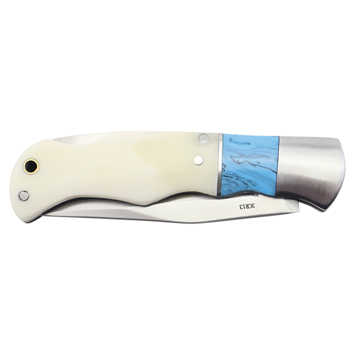 BISON RIVER 4" Blue/Bone Folding Knife - Beacon Laser Creations LLC