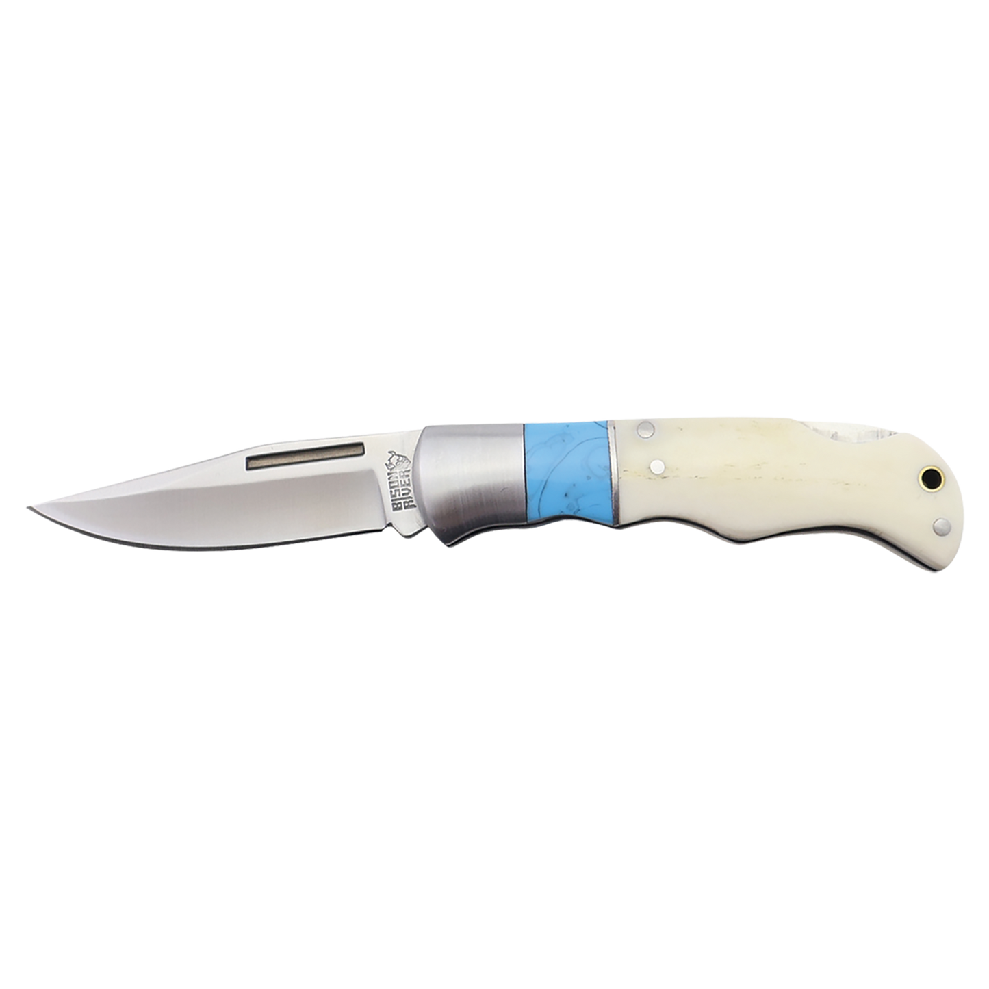 BISON RIVER 4" Blue/Bone Folding Knife - Beacon Laser Creations LLC