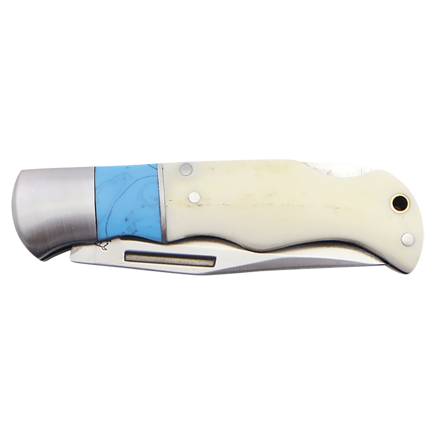 BISON RIVER 4" Blue/Bone Folding Knife - Beacon Laser Creations LLC