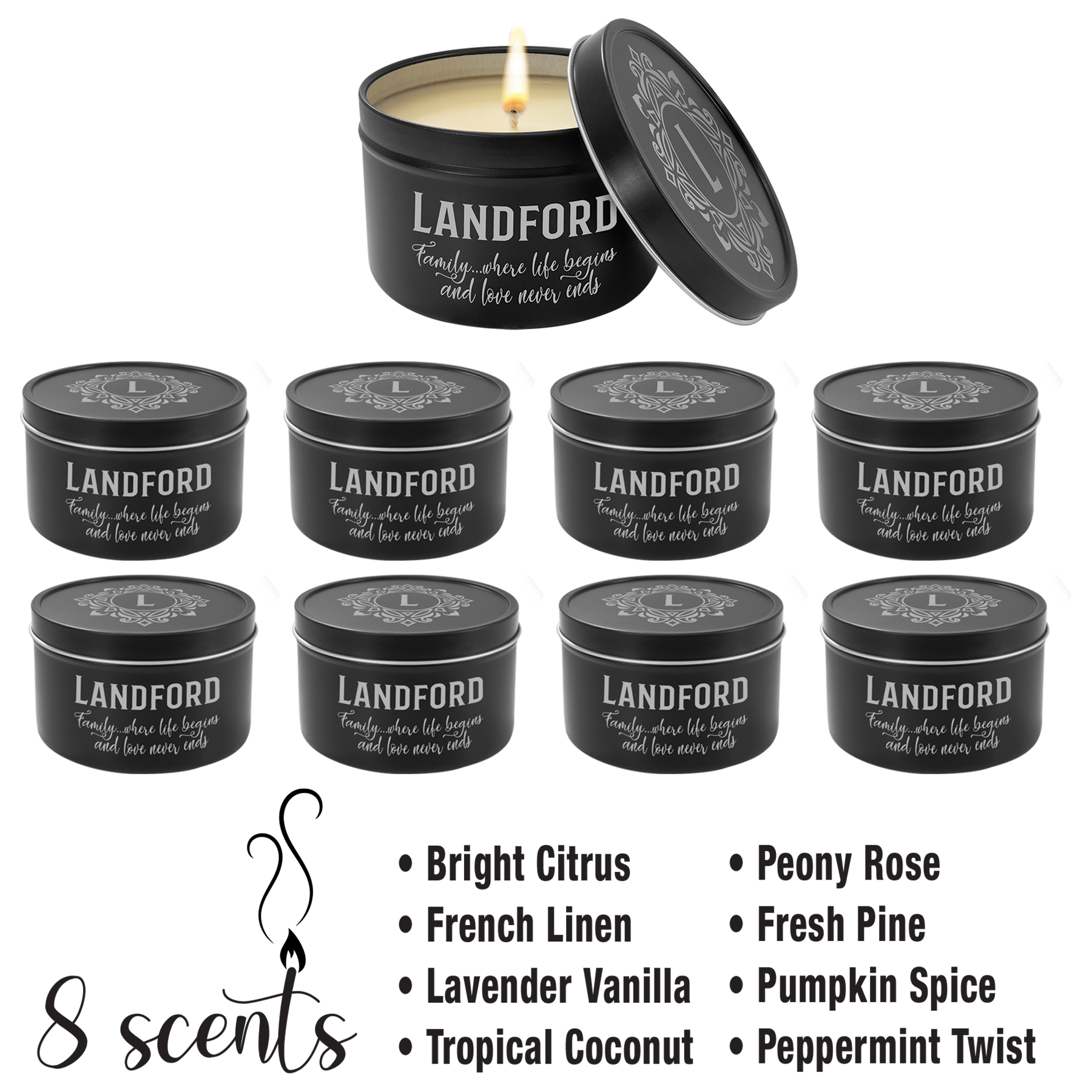 8 oz. Candle in a Black Metal Tin - Beacon Laser Creations LLC