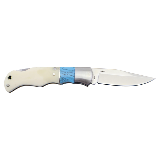 BISON RIVER  4" Blue/Bone Folding Knife - Beacon Laser Creations LLC