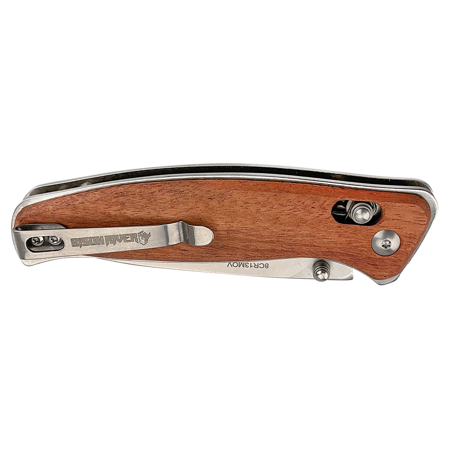 BISON RIVER  4 1/2" Wood Button Lock Folding Knife - Beacon Laser Creations LLC