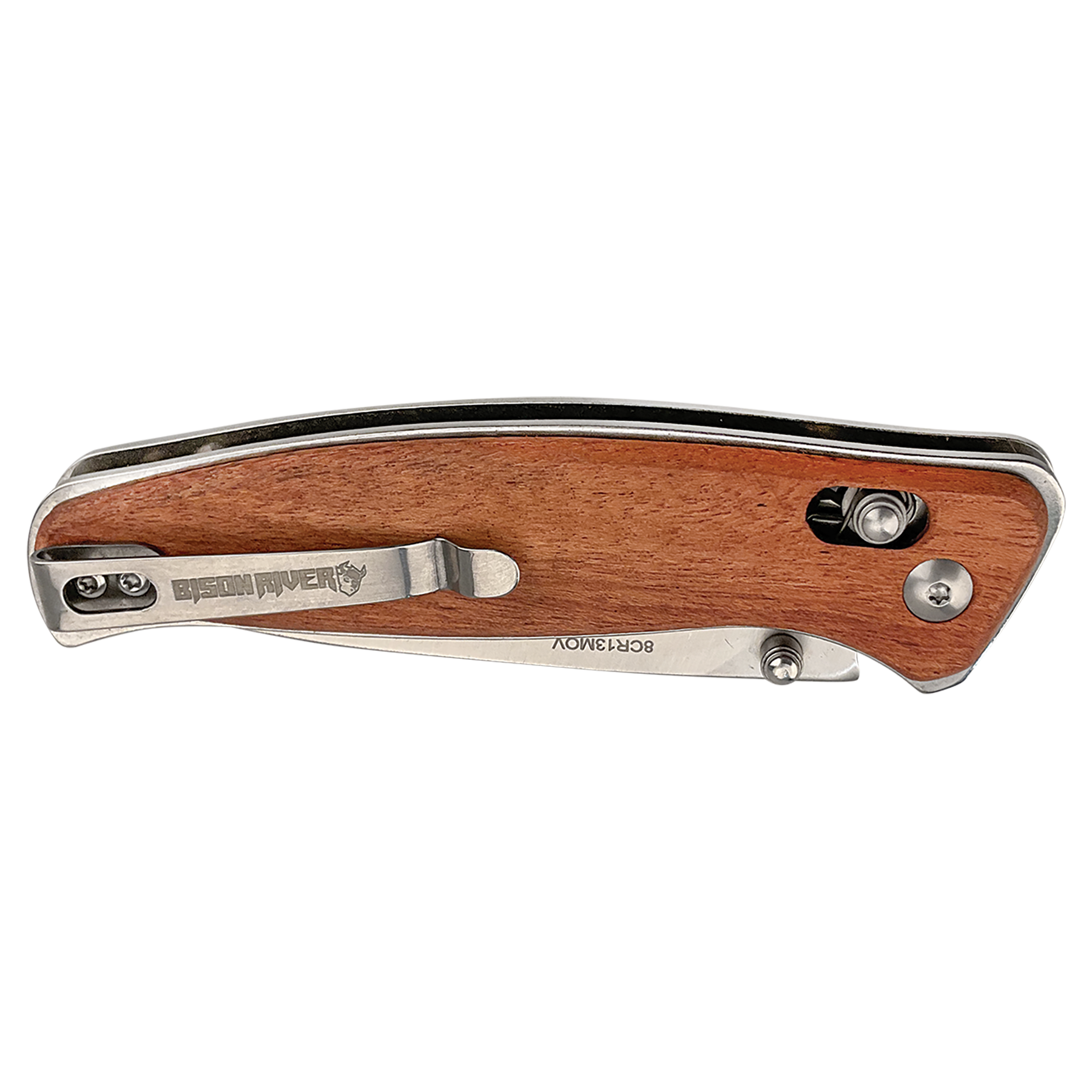 BISON RIVER  4 1/2" Wood Button Lock Folding Knife - Beacon Laser Creations LLC