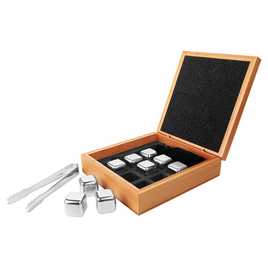6 1/4" x 6 3/4" Stainless Steel Whiskey Stone Set in Bamboo Case - Beacon Laser Creations LLC