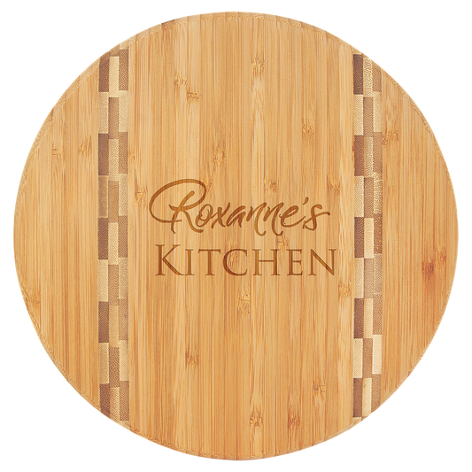 9 3/4" Round Bamboo Cutting Board with Butcher Block Inlay - Beacon Laser Creations LLC