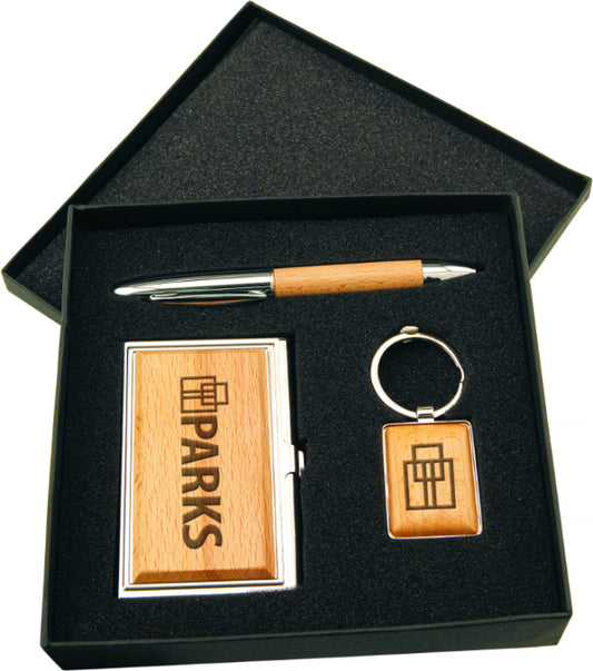Silver/Wood Finish Gift Set with Business Card Case, Pen & Keychain - Beacon Laser Creations LLC