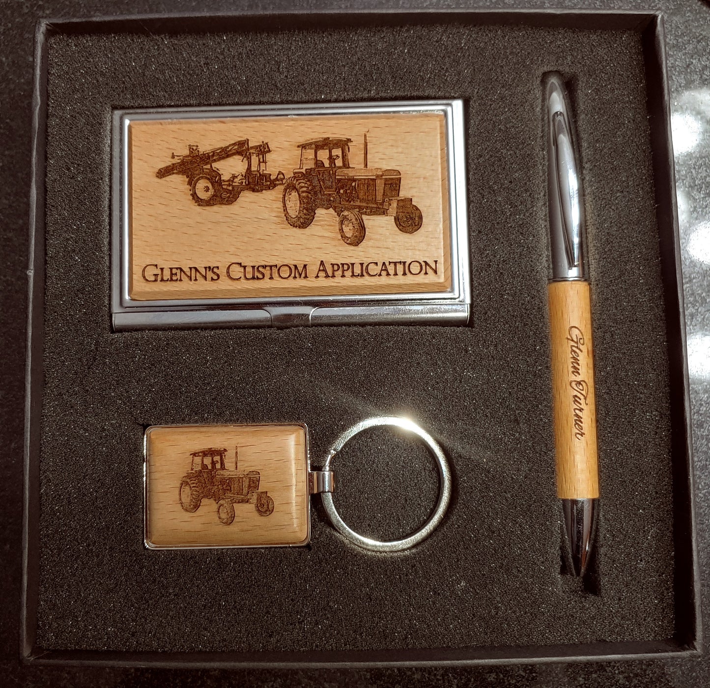 Silver/Wood Finish Gift Set with Business Card Case, Pen & Keychain - Beacon Laser Creations LLC